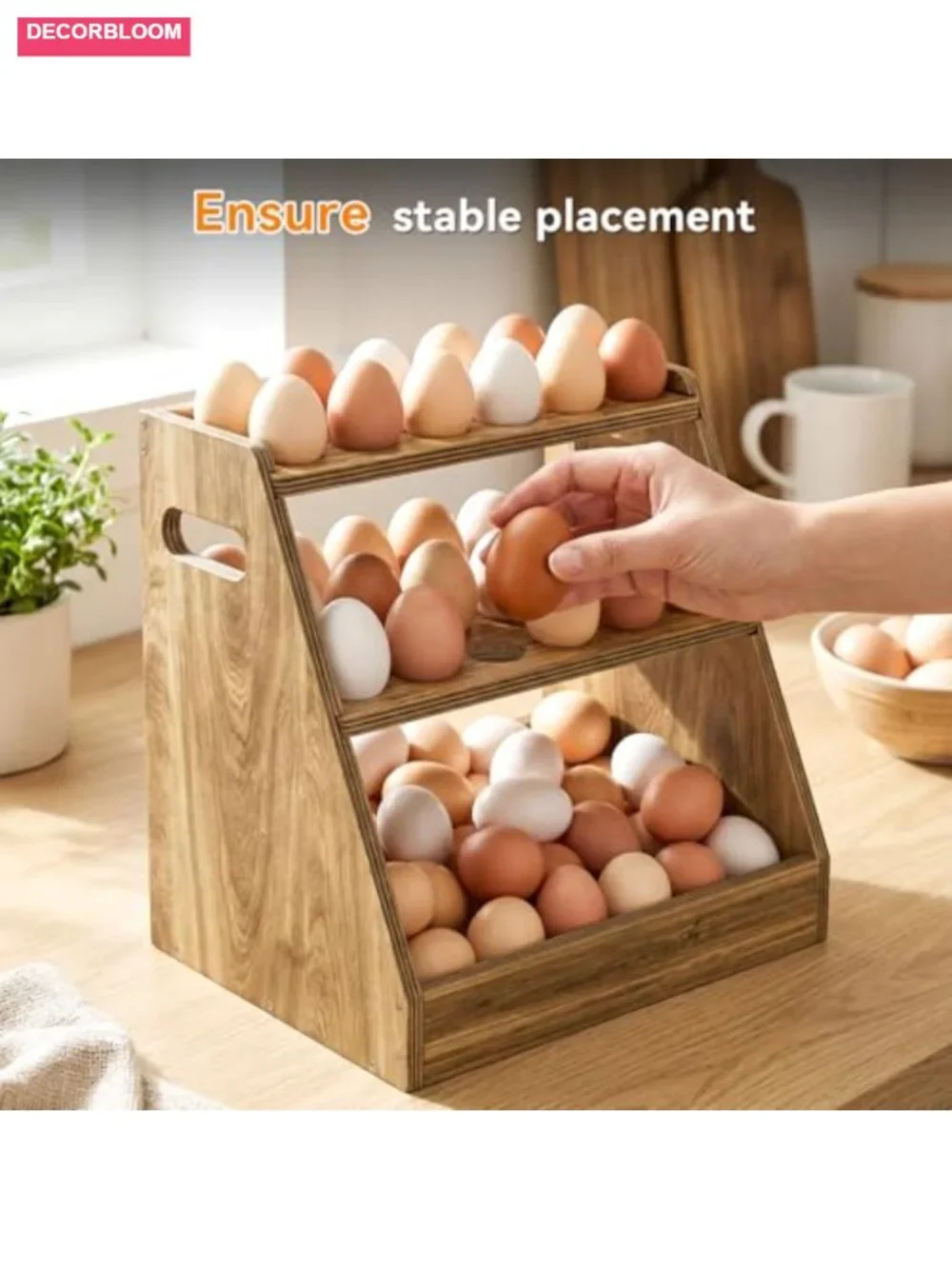 3-Tier Wooden Egg Holder Countertop Basket Holds 80 Eggs Farmhouse Kitchen